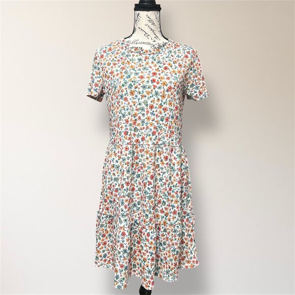 Zara Dresses & Skirts - ZARA M Cream Floral Ribbed Knit Tiered Mini Dress Short‎ Sleeve Cottagecore Boho